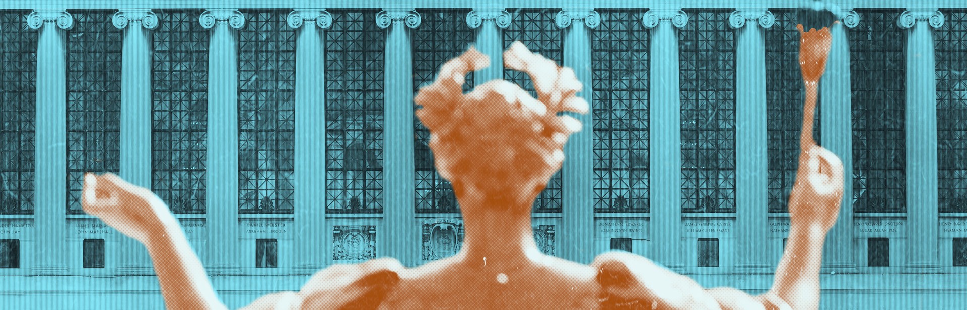 Stylized image of Alma Mater statue seen from behind with Butler Library in the background.
