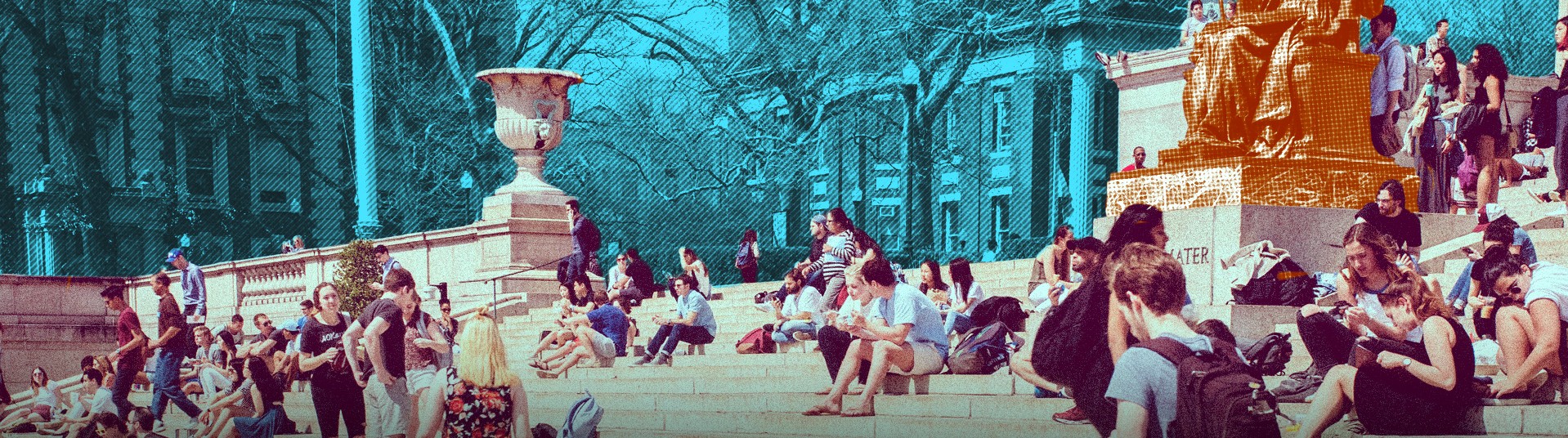 Stylized view of students relaxing on Low Library steps.