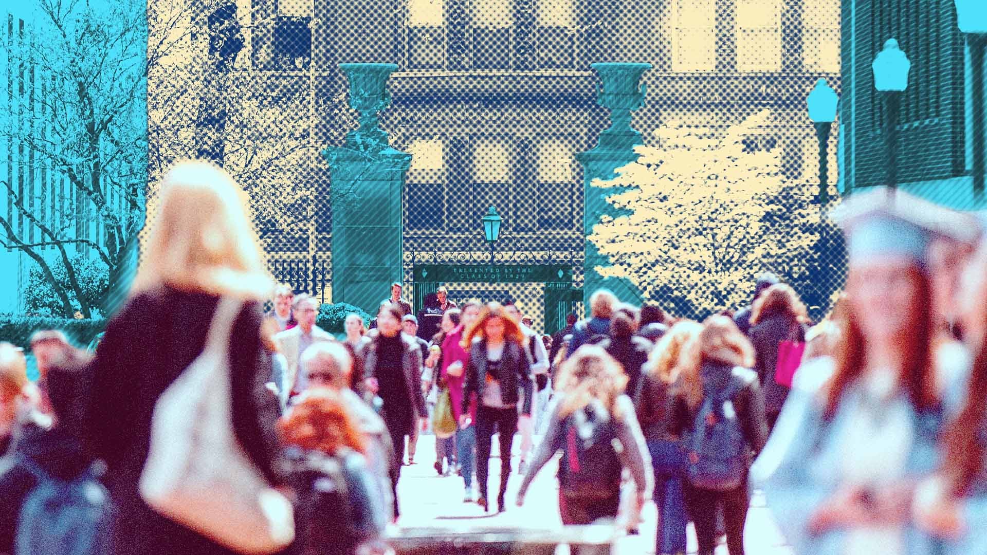 Stylized view of students walking on the Columbia campus.
