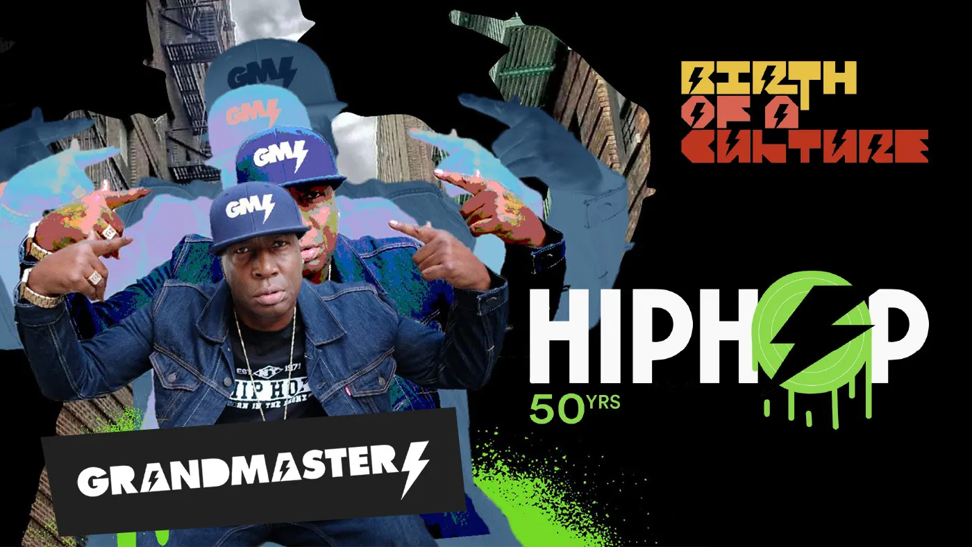 Stylized image and graphics of Grand Master Flash and Hip Hop 50 Years logo