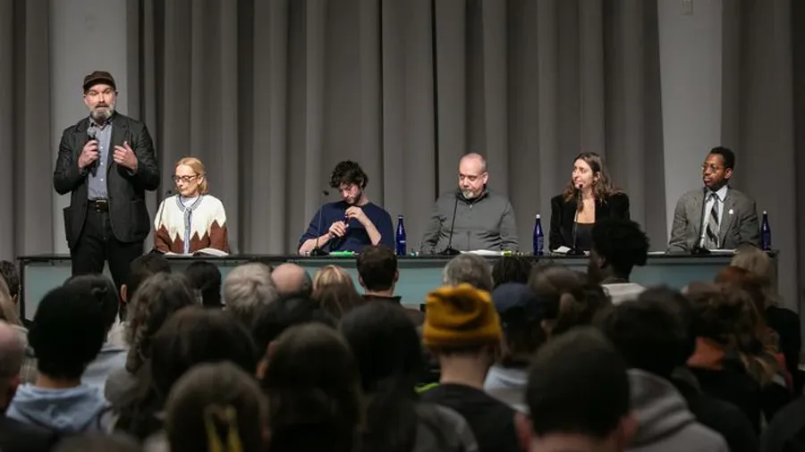 Theater of War cast at a live reading of Hua Hsu’s New Yorker article “What Happens After A.I. Destroys College Writing?”