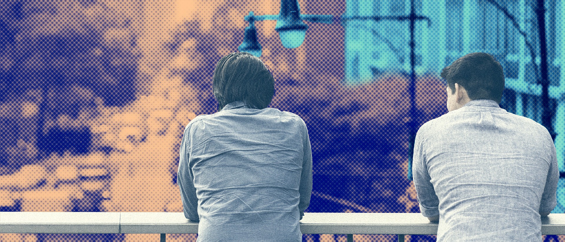 Stylized image of two friends in discussion, seen from behind.