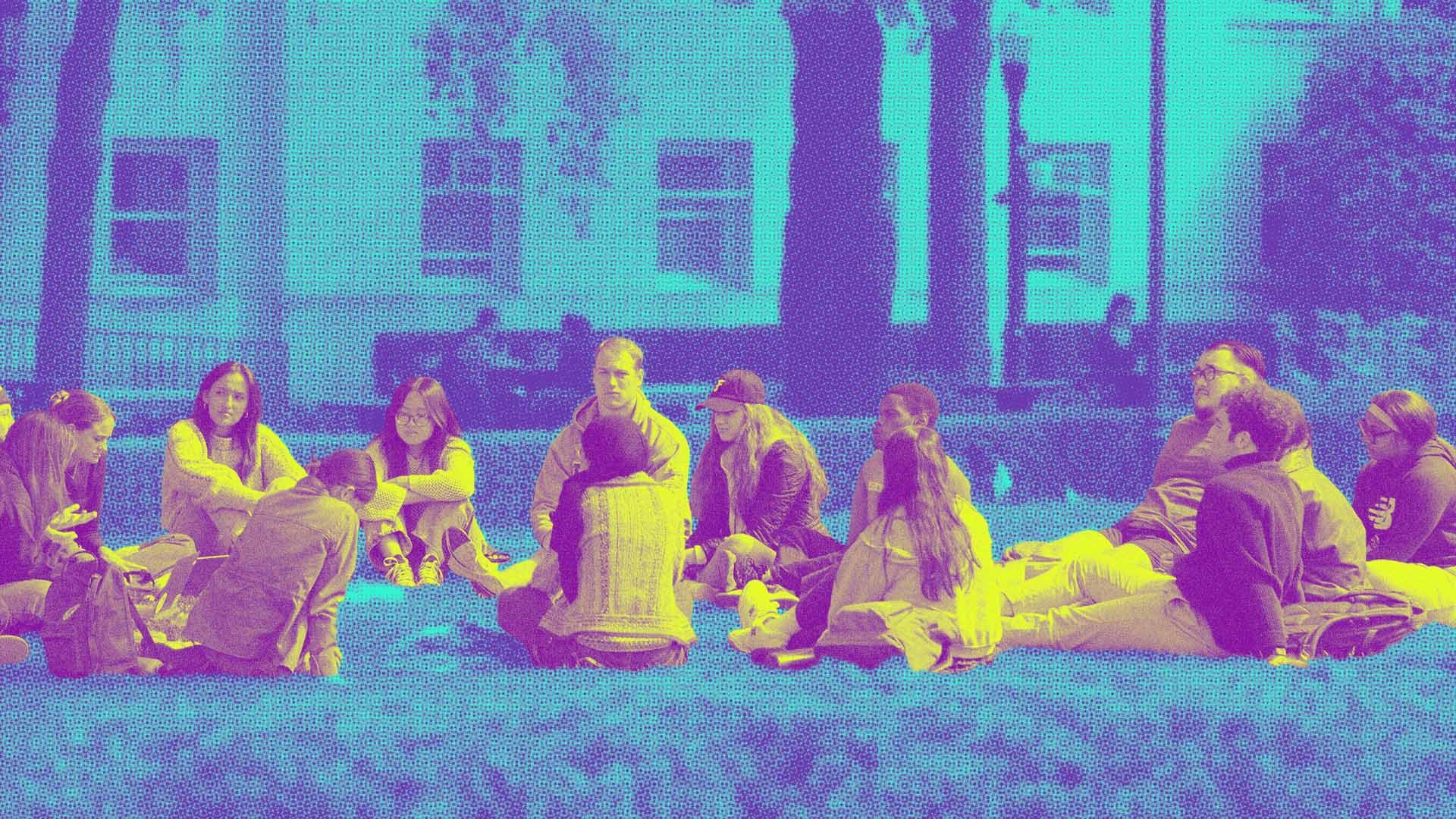 Students in discussion on Columbia's campus.