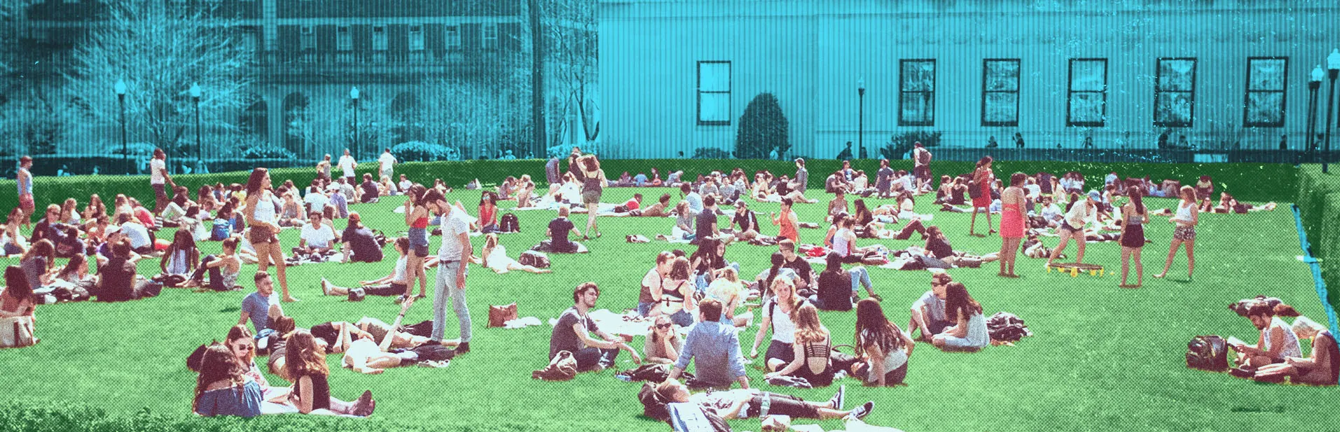 Stylized image of students relaxing on the South Lawns