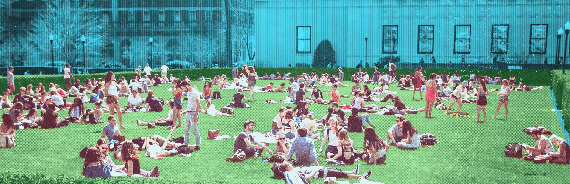 Stylized image of students relaxing on the South Lawns