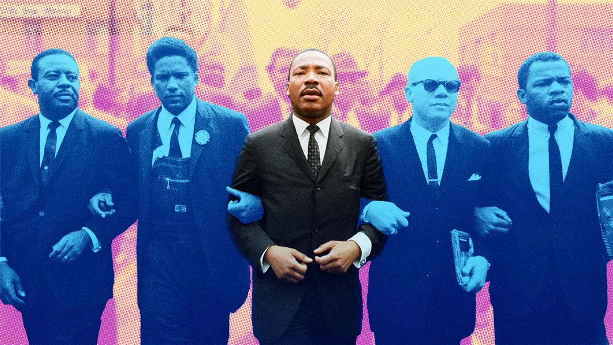 Stylized image of MLK linking arms with fellow marchers